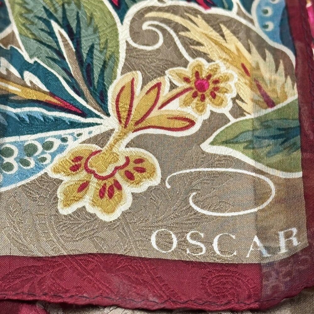 Oscar De La Renta Vintage Silk Floral Scarf 11”X 52” Burgundy, Gold, Bright Pink - Picture 5 of 11